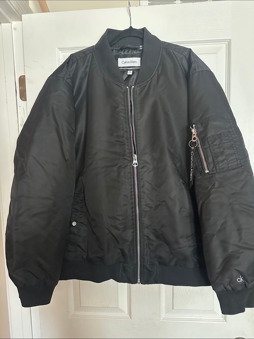 Calvin Klein Men's Black Bomber Jacket with Logo Zip Pull